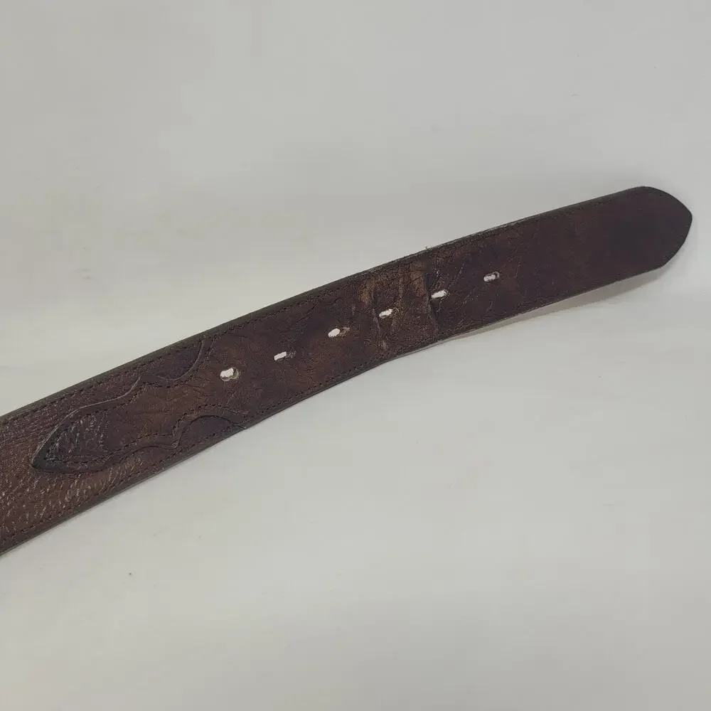 Brown Leather Belt Mens 40 Tooled Western Cowboy Rhinestone Buckle Bling Rodeo